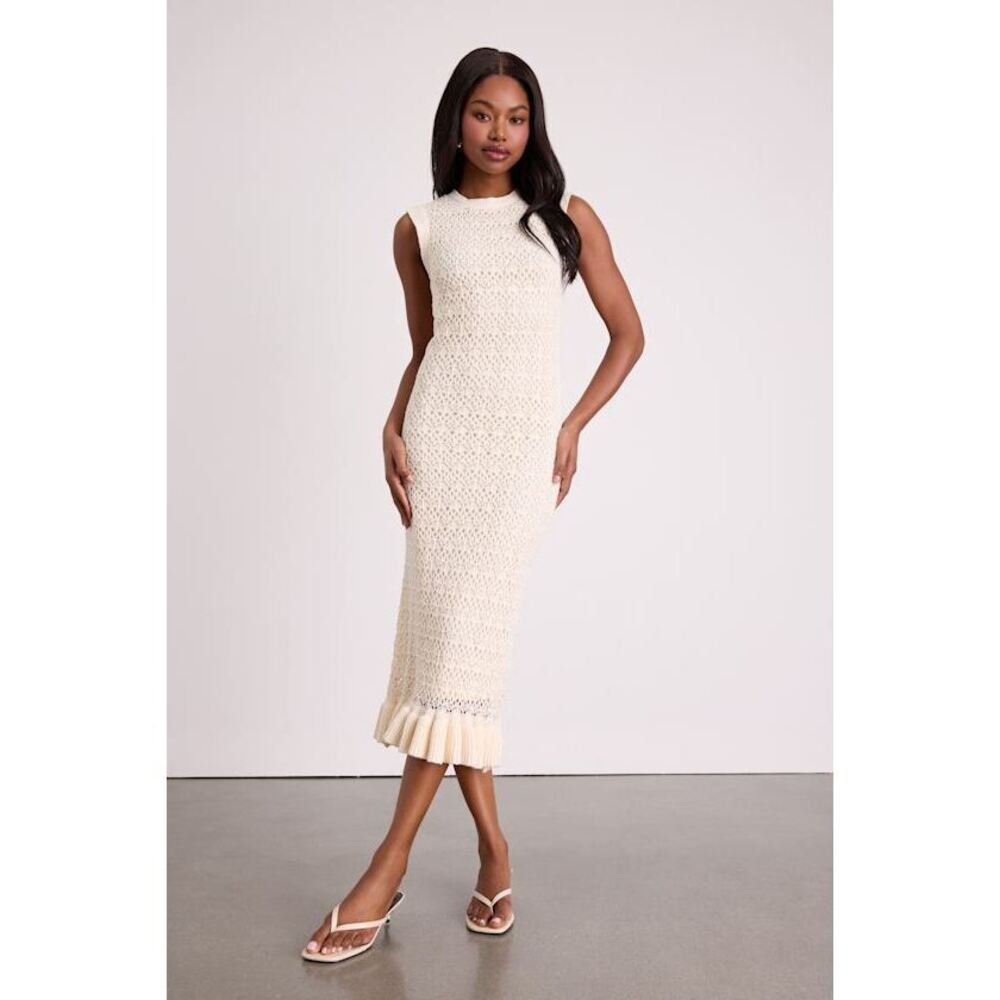 Lulus Nusa Cream Crochet Ruffled Column Midi Dress White - Size L
